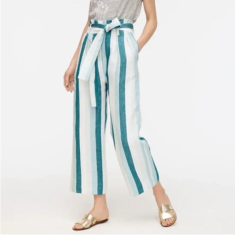 J. Crew 100% Linen Lined High Rise Pants in Cabana Stripe Sz 8
